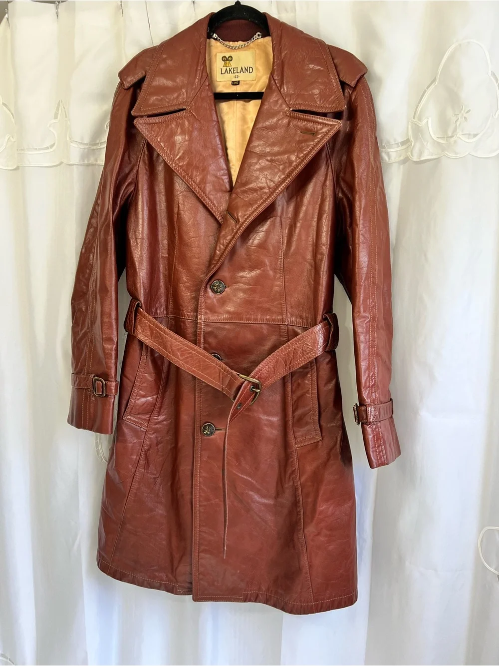 Vintage Lakeland Leather Trench Coat 42 Long Cognac Brown Belted Large